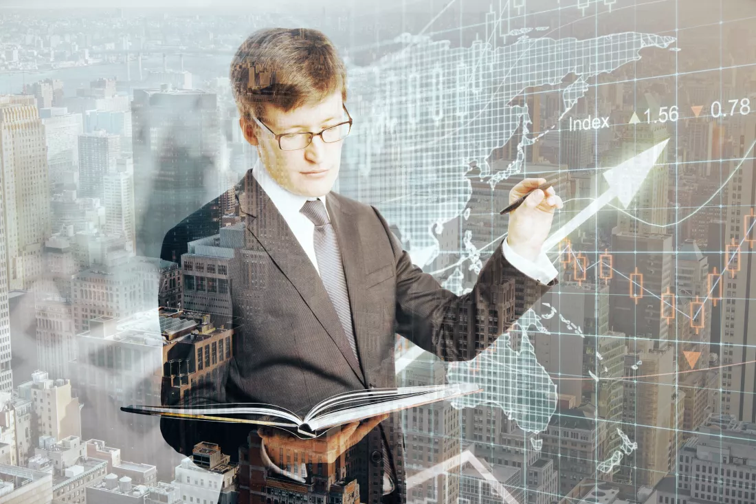 businessman-with-open-notepad-writing-something-abstract-forex-chart-background-trade-concept-double-exposure